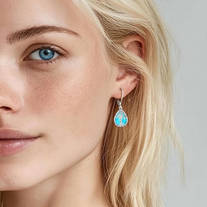 Eusense Sterling Silver Dangle Earrings for Women Tree of Life Animals Moonstone Turquoise Leverback Earrings Jewelry Gifts