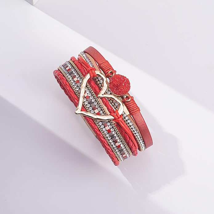 FANCY SHINY Heart Leather Wrap Bracelets Stackable Boho Cuff Bangles Trendy Resin Stone Rhinestone Bracelets with Magnetic Clasp for Women