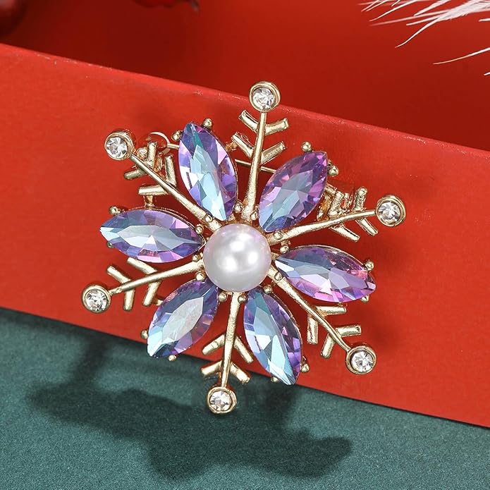 Crystal Snowflake Brooch for Women - Rhinestone Winter Pin with Pearl - Elegant Christmas Accessory for Clothing, Hat, Bag, Skirt - Birthday Party Costume Jewelry