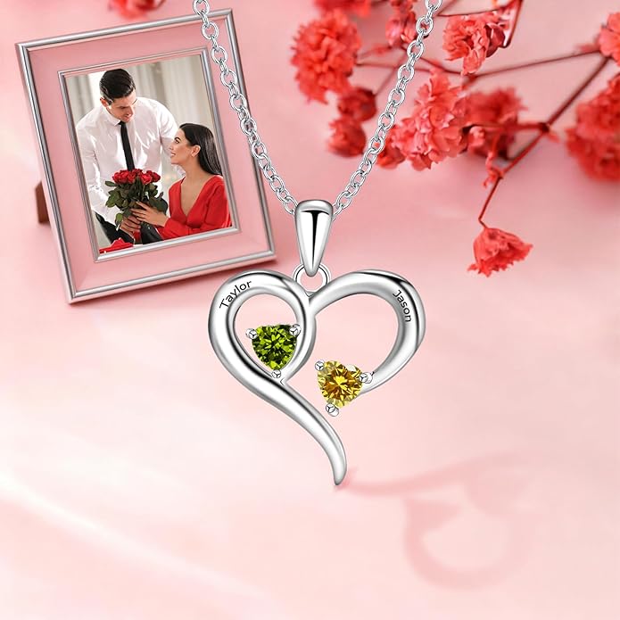 JOBFLY S925 Sterling Silver Customized 2 Birthstone Heart Necklace with 2 Name Engraved Personalized Mother Daughter Necklace Couple Jewelry Christmas Birthday Gift