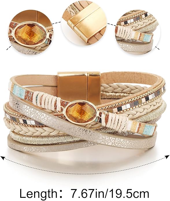 Edoneery Leather Wrap Bracelet for Women, Boho Handmade Multi-Layer Cuff with Crystal Beads Heart, Stackable Bangle Western Jewelry Gift