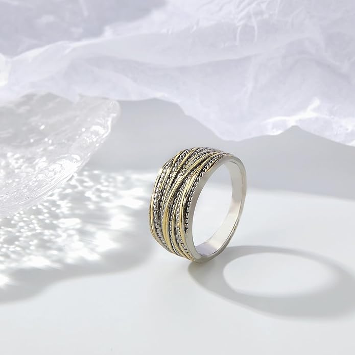 2 Tone Intertwined Crossover Statement Ring Fashion Chunky Band Rings for Women Wide Index Finger Rings Costume Jewelry