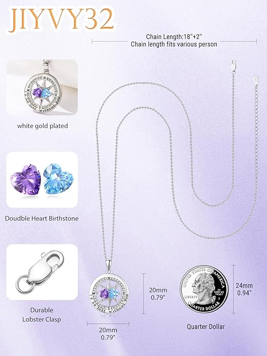 Compass Birthstones Necklace for Women, Exquisite Anniversary Birthday Gifts for Wife Her Double Birthstone Pendant jewelry ‘I'd be Lost Without You’