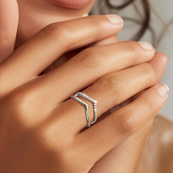 Dochais 2PCS Silver Rings for Women 925 Sterling Silver 14k Gold Plated Wishbone Ring Non Tarnish Wedding Bands Stackable Dainty V Shaped Rings CZ Wedding Rings Promise Ring Engagement 5-10