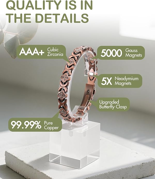 Feraco Pure Copper Bracelets for Women, Ultra Strength Magnetic Therapy Bracelet for Pain Relief with Neodymium Magnets & Sparkling Cubic Zirconia, Adjustable, Infinite Clover Jewelry
