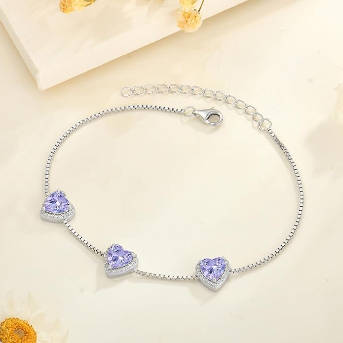 Love Heart Bracelet 925 Sterling Silver Halo Heart Birthstone Bracelet Jewelry Gifts for Women
