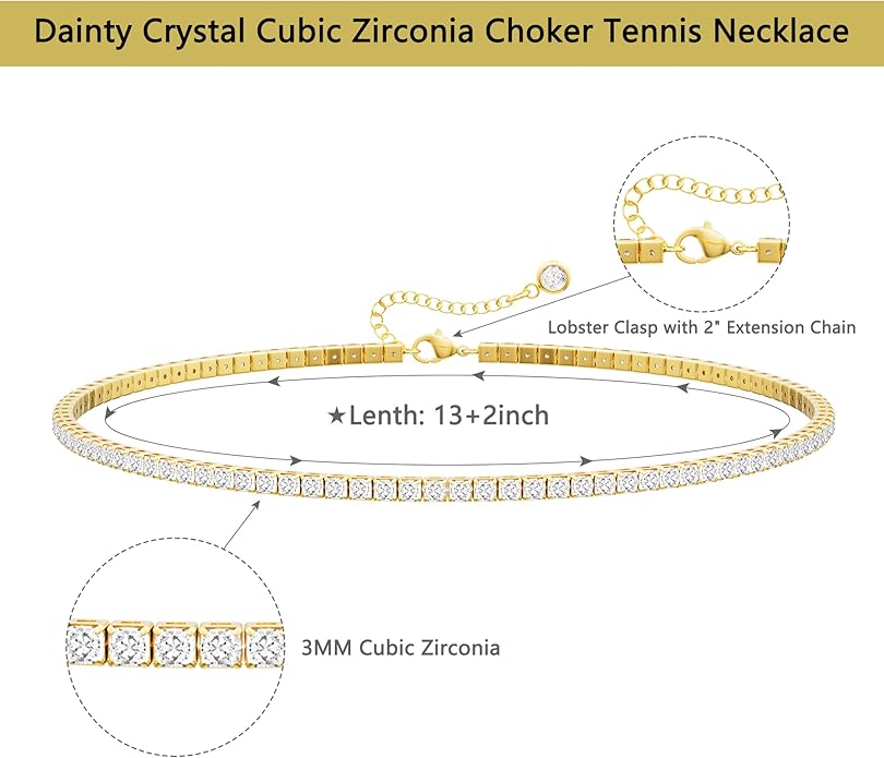 Tennis Necklace for Women, 14K Gold/Silver Plated Rhinestone Choker Necklaces for Women, Dainty Cubic Zirconia Cut Faux Diamond Chain