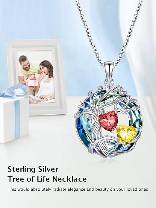 TOUPOP s925 Sterling Silver Family Celtic Tree of Life Pendant Necklaces with 2 Heart Birthstone with Blue Austrian Crystal Jewelry Birthday Anniversary Christmas Gifts for Her Wife Girlfriend Mom (18K Real White Gold Filled)