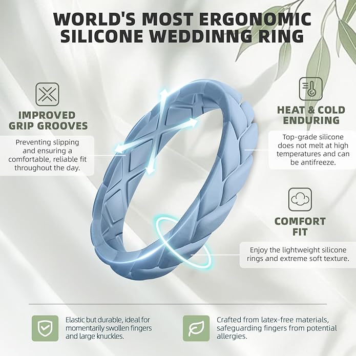Egnaro Women's Silicone Stackable Rings 3.5mm Wide 2mm Thick, Rubber Flexible Hypoallergenic Wedding Bands For Workout Leaf Braided Fashion