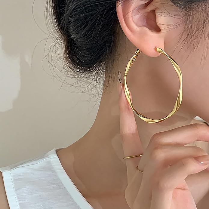 Gold Hoop Earrings for Women 18K Gold Plated - 40mm & 50mm Sizes, Double Layer/Twisted Styles, Hypoallergenic 925 Sterling Silver Posts, Lightweight Trendy Jewelry Gift