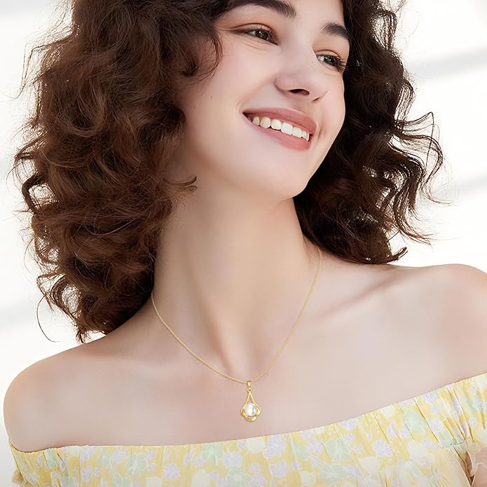 NFYBD 14K Gold Pearl Necklace for Women,Yellow Gold 8mm Freshwater Cultured Pearl Pendant Necklaces Jewelry for Christmas Anniversary Birthday Her Mom Wife 16+1+1 Inch