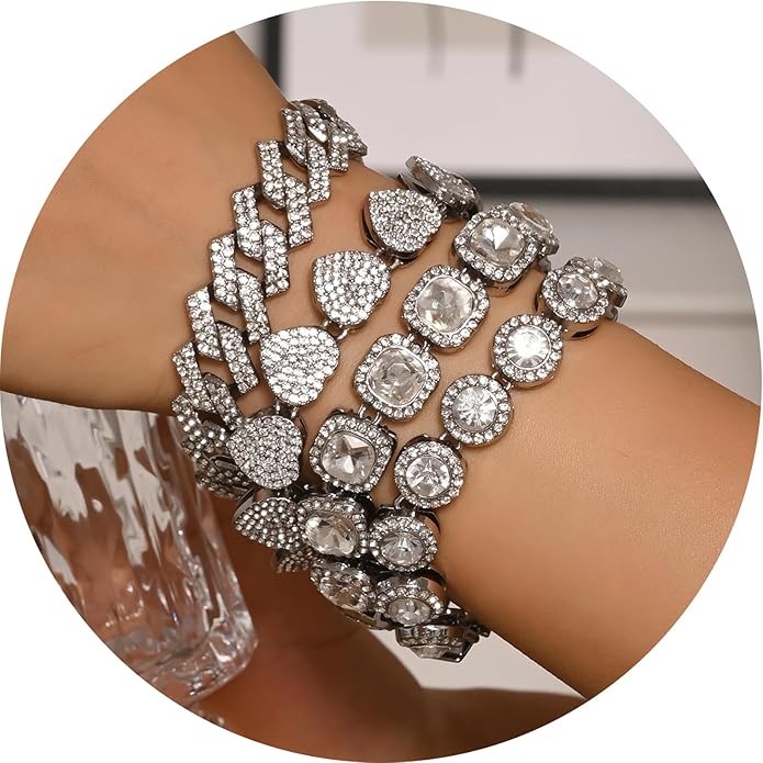 4-PCS Cuban Link Bracelets for Women,Diamond Tennis Bracelet Set,14K Gold Plated Layered Stackable Jewelry, Adjustable Bling Gift Set for Women