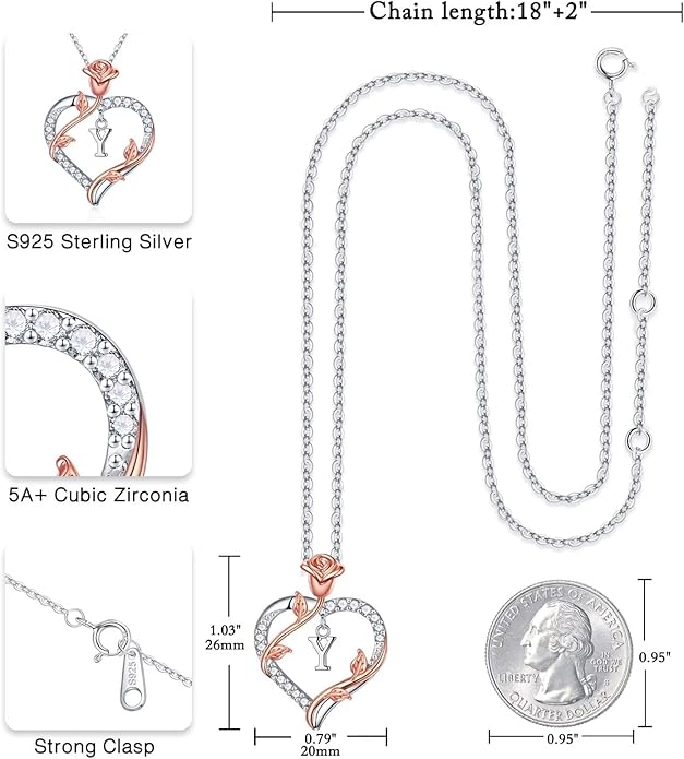 Iefil Rose Heart Necklaces Gifts for Women - 925 Sterling Silver Heart Initial Necklace, Anniversary Birthday Gifts for Women, Jewelry Gift for Wife Wife Girlfriend Mom
