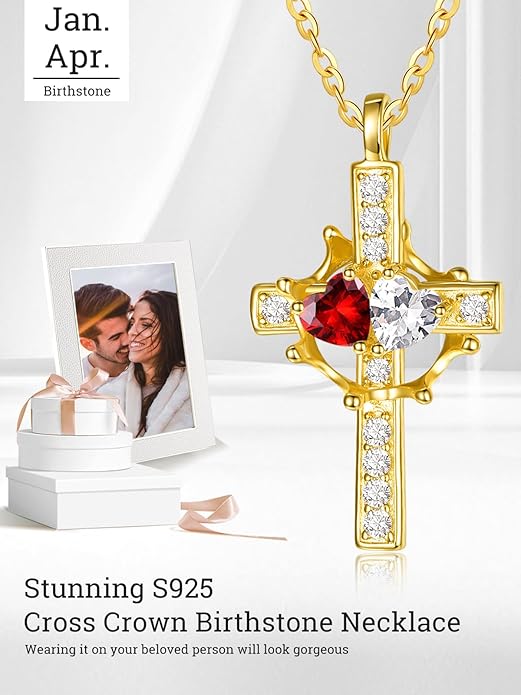 Zeuslia Double Birthstone Necklace Gifts for Wife - 925 Sterling Silver Sunflower/Rose/Crown Cross/Compass/Heart Pendant I Love You Necklace, Anniversary Birthday Gifts for Wife Girlfriend Mom Her