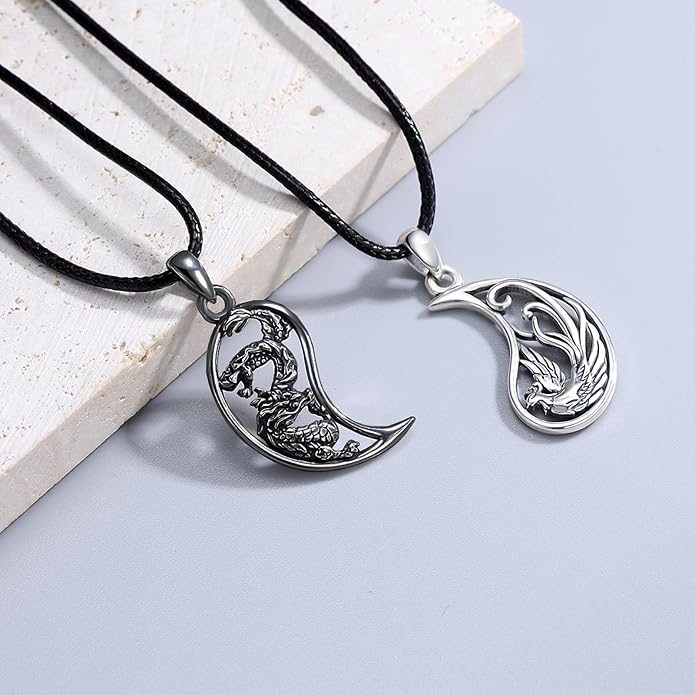 OHAYOO Dragon Phoenix Matching Necklace for Couples 925 Sterling Silver Yin Yang Pendant Necklaces for Couples Jewelry for Him and Her