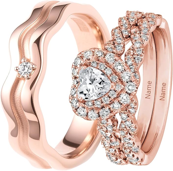 Rikelus Moissanite Engagement Ring Sets for Couples,10K 14K 18K Solid Gold Heart/Princess/Round Cut Bridal Ring Sets,Customized Matching Wedding Bands Set for Men and Women Free Engraving