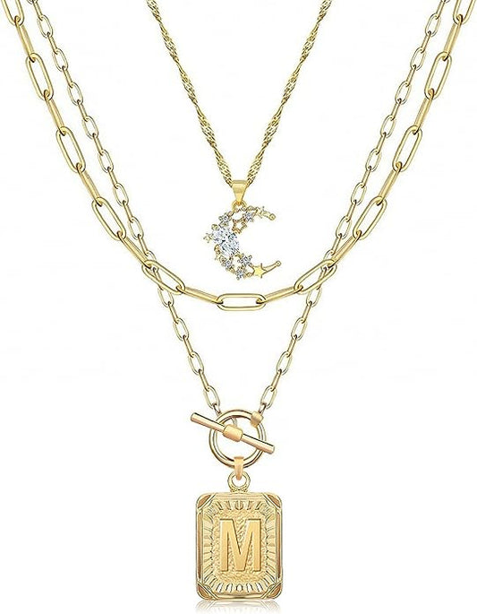 MJartoria Layered Initial Necklaces for Women Trendy, 14K Gold Plated Brass Simple Moon Choker Square Letter Pendant Necklace, Paperclip Chain Necklaces Jewelry Gifts