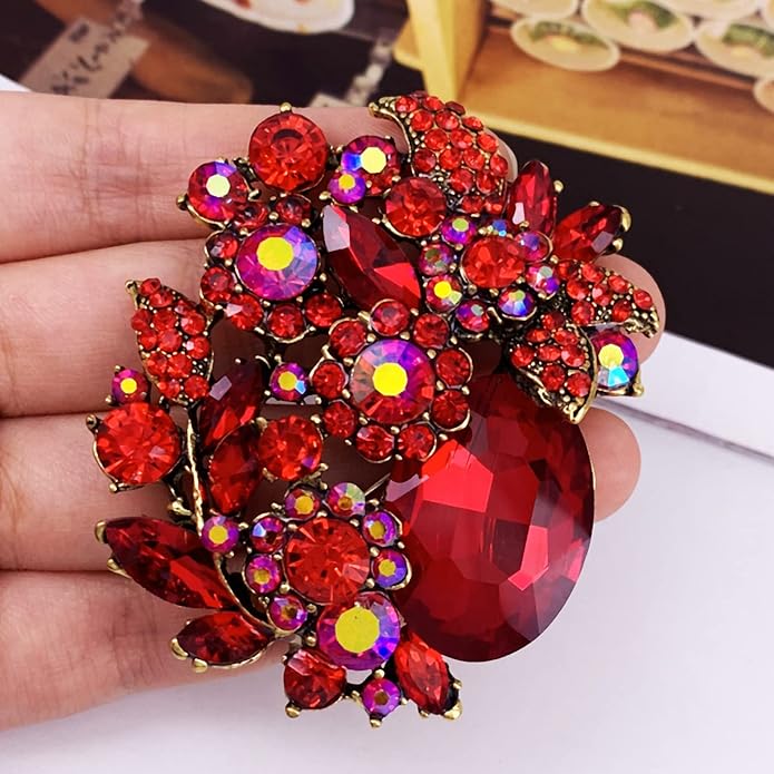 SELOVO Rhinestone Glitter Flower Brooch Pin Jewelry Scarf Accessory Vintage Gold Tone