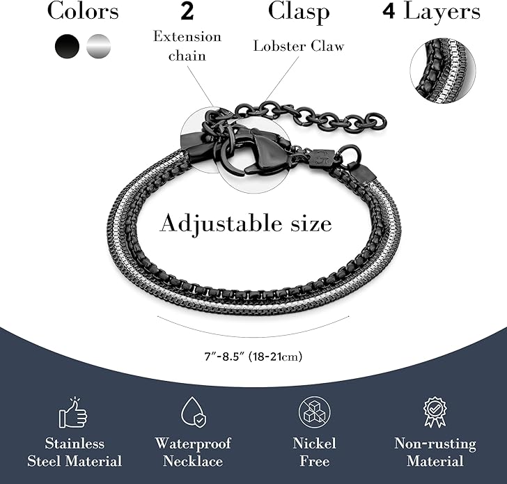 Galis Mens Bracelet - Cuban Link or Box Chain Layered Chain For Men - Premium Stainless Steel, Gift for him, Gold, Silver, Black Bracelet For Men 7-8" Size, 3-5mm Thick