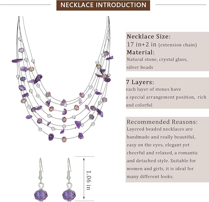 Multi-Layer Boho Shell Beaded Necklace for Women Colorful Crystal Strand with Silver Beads Statement Collars Necklace and Earrings Costumes Jewelry Sets for Women
