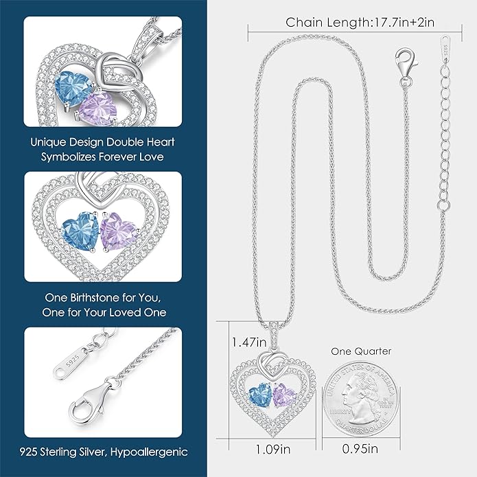 LOUISA SECRET Sparkling Double Heart Birthstone Necklaces for Women, 925 Sterling Silver Fine Jewelry, Pendant Heart Necklaces Birthday Anniversary Christmas Gift for Women Wife Mom Girlfriend Lady