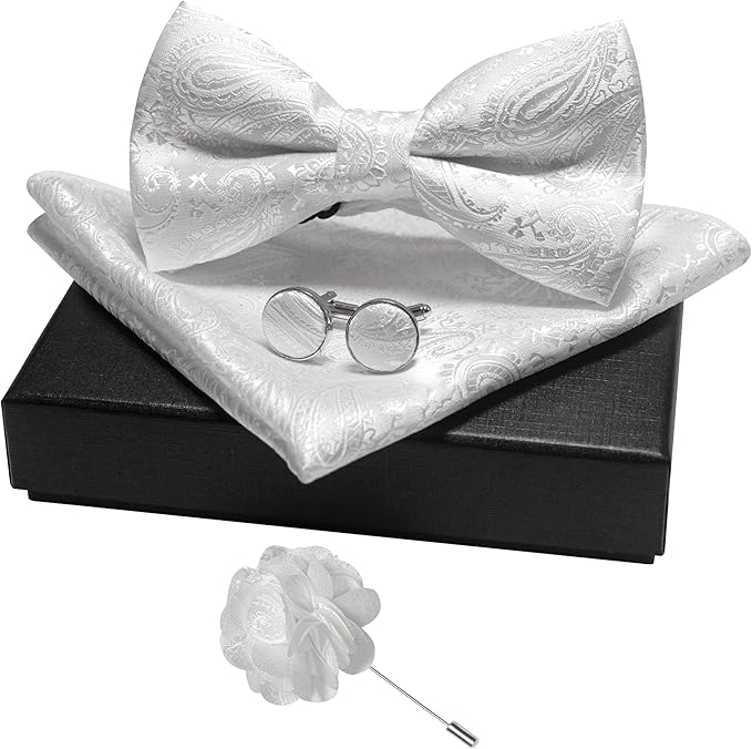 JEMYGINS Mens Paisley Bow Tie and Lapel Pin Necktie Pocket Square and Tie Clip with Sets for Business Casual 4PCS
