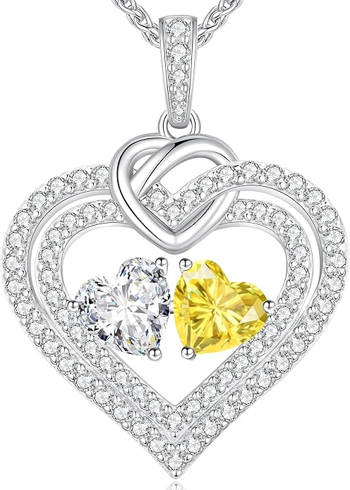 LOUISA SECRET Sparkling Double Heart Birthstone Necklaces for Women, 925 Sterling Silver Fine Jewelry, Pendant Heart Necklaces Birthday Anniversary Christmas Gift for Women Wife Mom Girlfriend Lady