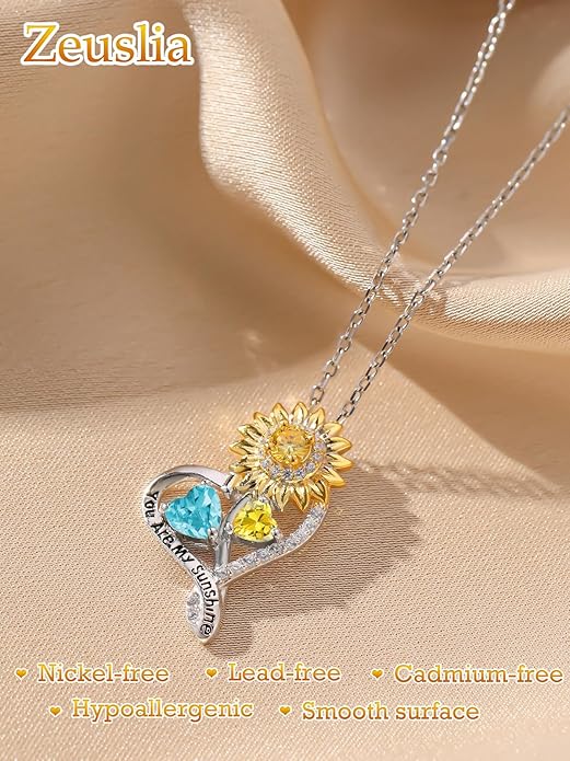 Zeuslia Double Birthstone Necklace Gifts for Wife - 925 Sterling Silver Sunflower/Rose/Crown Cross/Compass/Heart Pendant I Love You Necklace, Anniversary Birthday Gifts for Wife Girlfriend Mom Her
