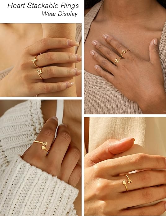 Honsny Gold Initial Rings for Women Non Tarnish 18K Gold Plated Heart Initial Stackable Rings Adjustable Pinky Rings for Women Cute Dainty Alphabet Capital Letter Rings Jewerly Gift