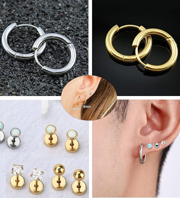 MJust Titanium Earrings for Sensitive Ears 20G Hypoallergenic Stud Hoop Earrings for Women Men Opal Ball CZ Heart Pearl Flat Back Earrings Cartilage Earrings Set