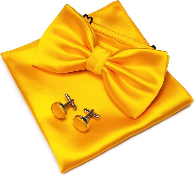 JEMYGINS Solid Color mens Pre-tied Bow Tie and Pocket Square Cufflinks Sets with Gift Box