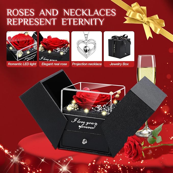 Preserved Red Real Rose Flowers in Box with I Love You in 100 Languages Necklace - Unique Gift for Women Mom Wife Girlfriend on Mother's Day Valentine's Day, Birthday, Christmas