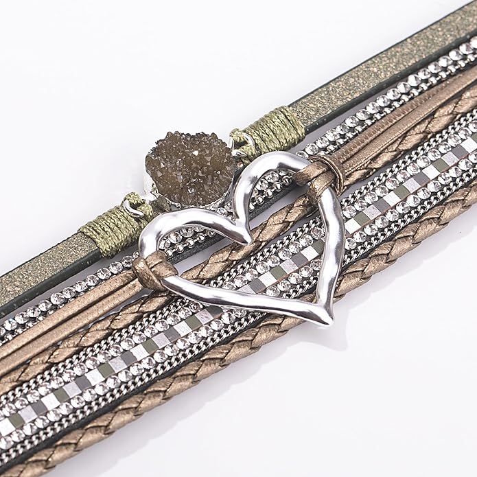 FANCY SHINY Heart Leather Wrap Bracelets Stackable Boho Cuff Bangles Trendy Resin Stone Rhinestone Bracelets with Magnetic Clasp for Women