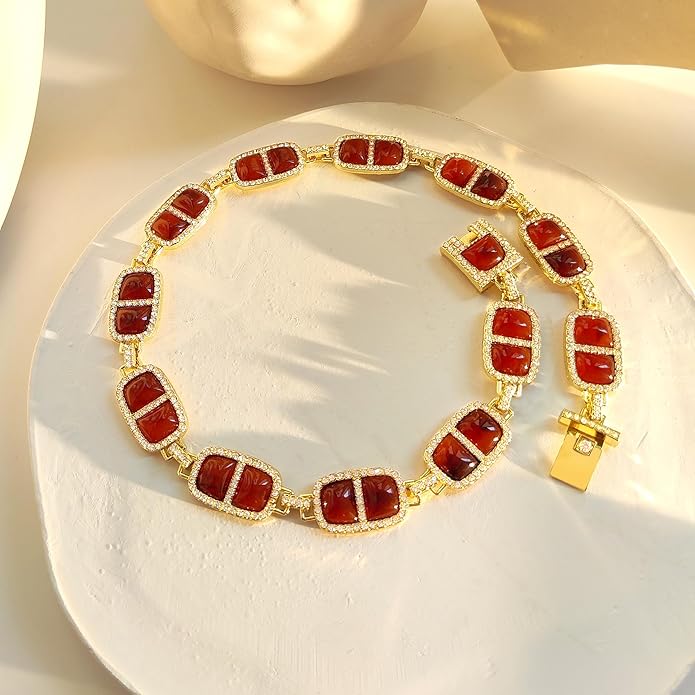 Chunky Necklace for Women 12 Colors Diamond Stone Gold Statement Necklace for Women Full Trendy Blue Birthstone Choker Necklace for Women Square Design Necklace Jewelry