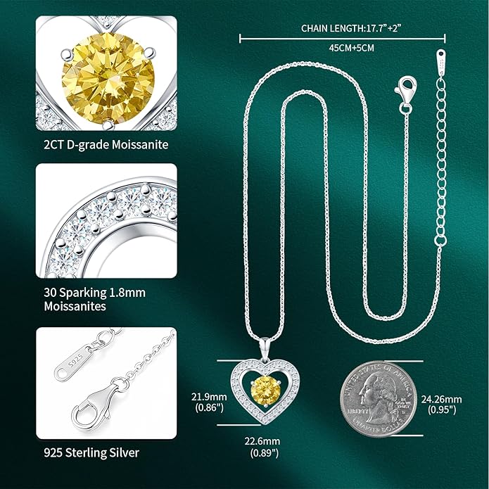 31-Stone Birthstone Heart Necklace for Women | 2ct Moissanite & 30 Sparkling Accents | Valentine's Day, Birthday,Mother's Day, Christmas Gift for Wife, Mother, Girlfriend