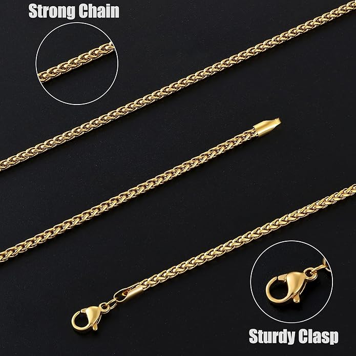 Fiusem Wheat Chains for Men and Women, 2/2.5/3/4/5mm Silver Tone/14K Gold Plated/Black Necklace Chain, Stainless Steel Mens Necklace 16-28 Inch