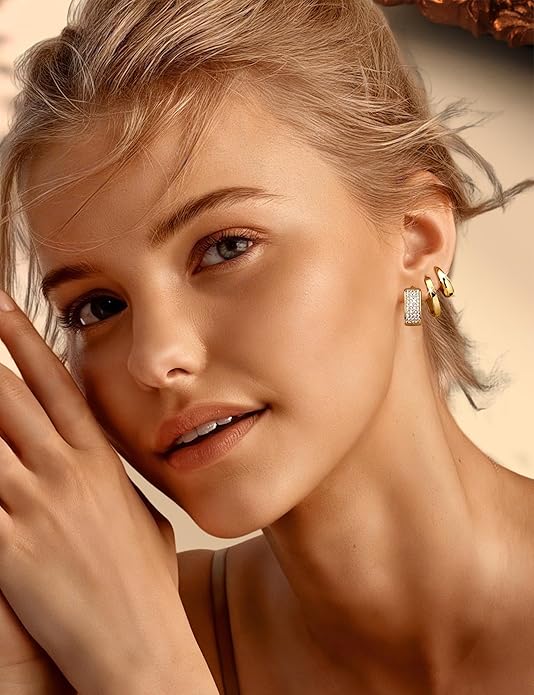 Florideco 3Pairs Chunky Gold Earrings Set 14K Gold Plated Hoop Earrings for Women Trendy Small Thick Huggie Hoops Earring Lightweight Silver Hoop Earring Sets for Multiple Piercing