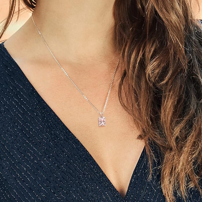 Gem Stone King Emerald Cut Pendant Necklace For Women | 925 Sterling Silver | Emerald Cut 9X7MM | Gemstone Birthstone | Fine Jewelry for Her Mom Wife | With 18 Inch Silver Chain