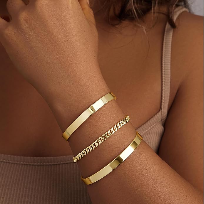 Silver Bracelets for Women Stack, Silver or Gold Plated Cuff Bangle Set, Trendy Silver Jewelry for Women Fashion