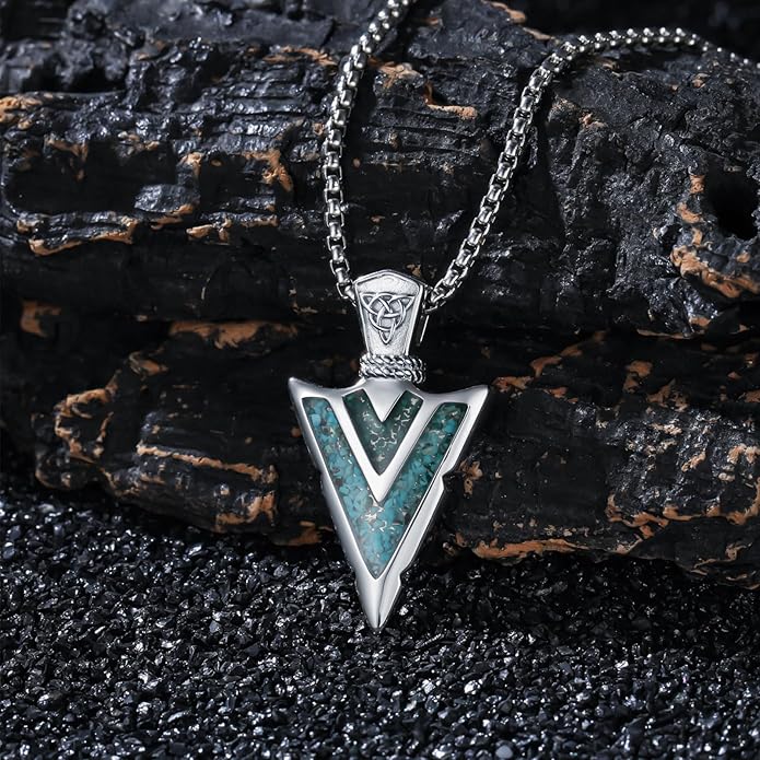 Suiknsn Arrowhead Necklace for Men Women 925 Sterling Silver Turquoise Malachite Celtic/Eye of Horus/Viking Arrow Pendant Amulet Jewelry Gifts Native American Necklace