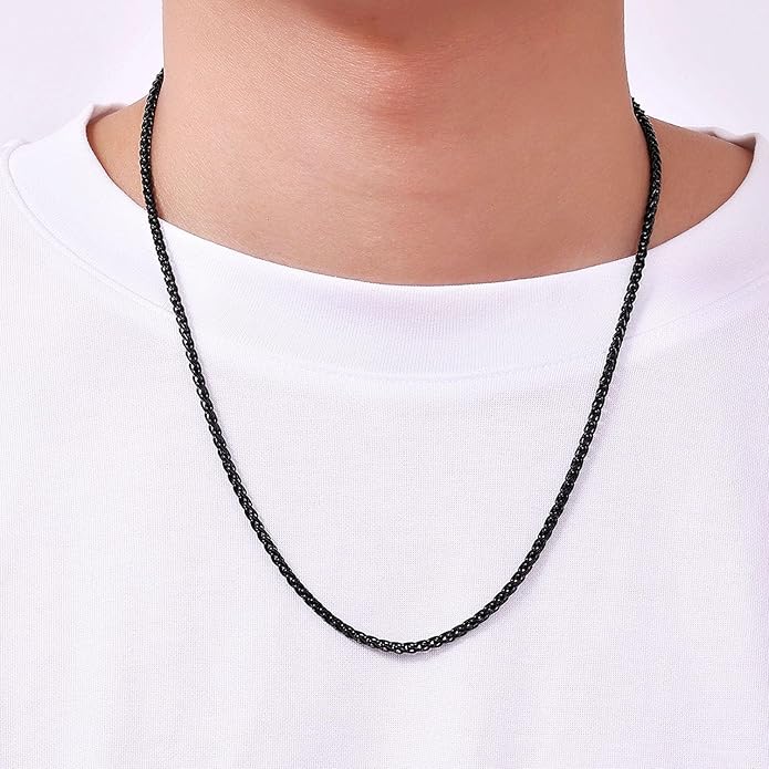 Fiusem Black Wheat Chains for Men and Women, 2/2.5/3/4/5mm Stainless Steel Necklace Chain, Mens Necklace Jewelry Gift 16-28 Inch
