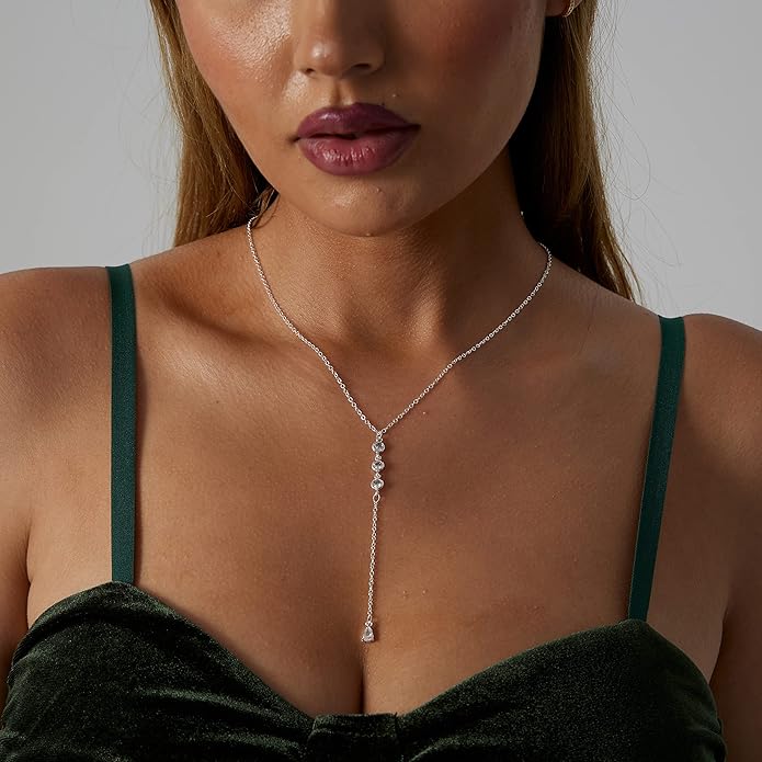 Gold Y Necklace for Women 14K Gold Plated Y-Shaped Drop Necklaces CZ Long Necklace Cubic Zirconia Pendant Layered Long Lariat Necklace Women Jewelry