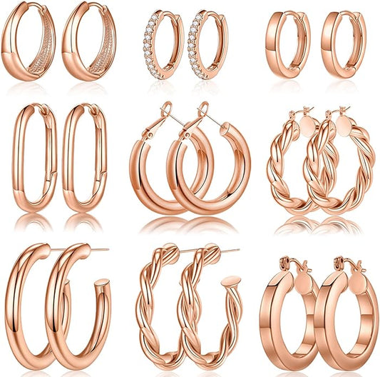 Yesteel 9 Pairs Gold Hoop Earrings for Women, 925 Sterling Silver Post 14K Real Gold Plated Chunky Hoop Earrings Set for Women Hypoallergenic Thick Lightweight Earring for Womens Jewelry Gifts