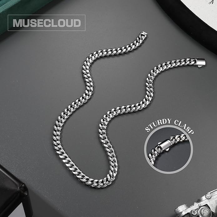 MUSECLOUD Gold Cuban Link Chain for Men Mens Stainless Steel Miami Curb Chains Necklace 5/8mm Thick Real Gold/Silver/Black Plated Diamond Cut Non-Tarnish Jewelry Trendy Christmas Gifts 18-26 Inch