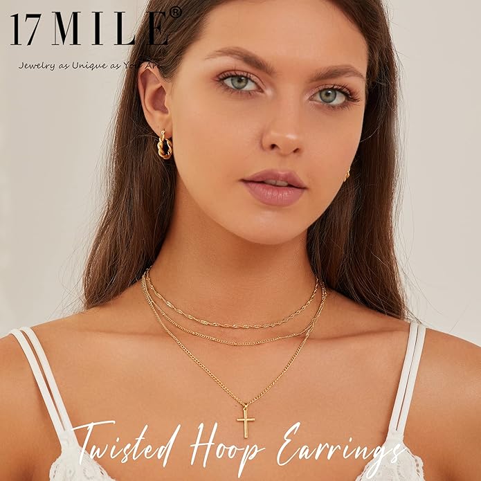 Hoop Earrings Set for Women, 6 Pairs 14K Gold Plated Lightweight Hypoallergenic Chunky Open Twisted Hoops Earrings Pack Jewelry