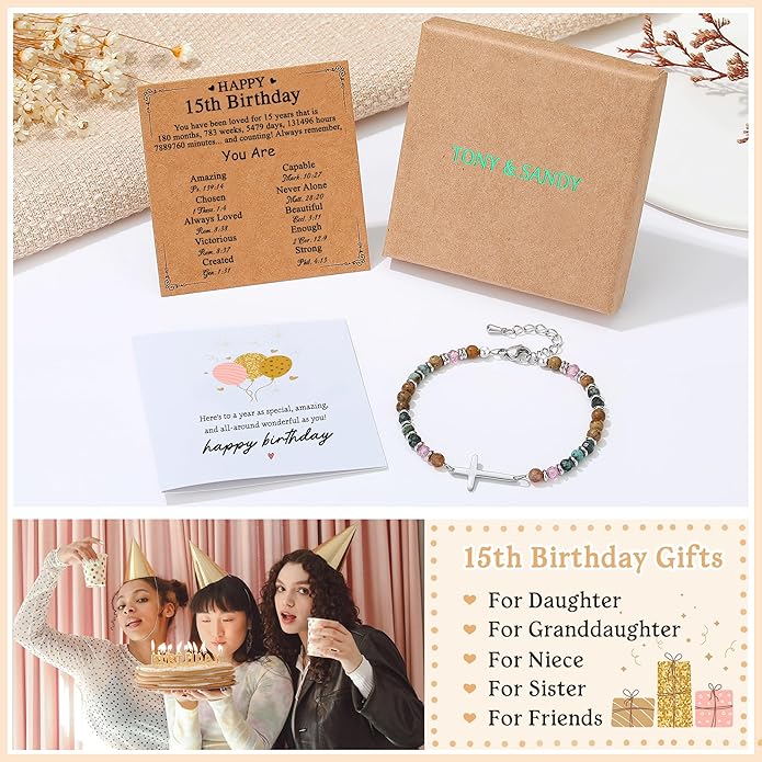 TONY & SANDY Christian Cross Bracelet for Women, Stocking Stuffers for Women, Confirmation Baptism Easter Gifts, Unique Gift for Friends Daughter Mom Sister in Christ on Birthday Christmas