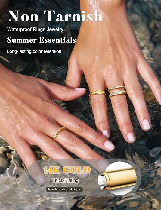 LOLIAS 14K Gold Plated Stackable Rings for Women Non Tarnish - Dainty Cubic Zirconia Wedding Bands Ring Set Minimalist Trendy Statement Engagement Promise Thumb Rings Stacking Size 5-10