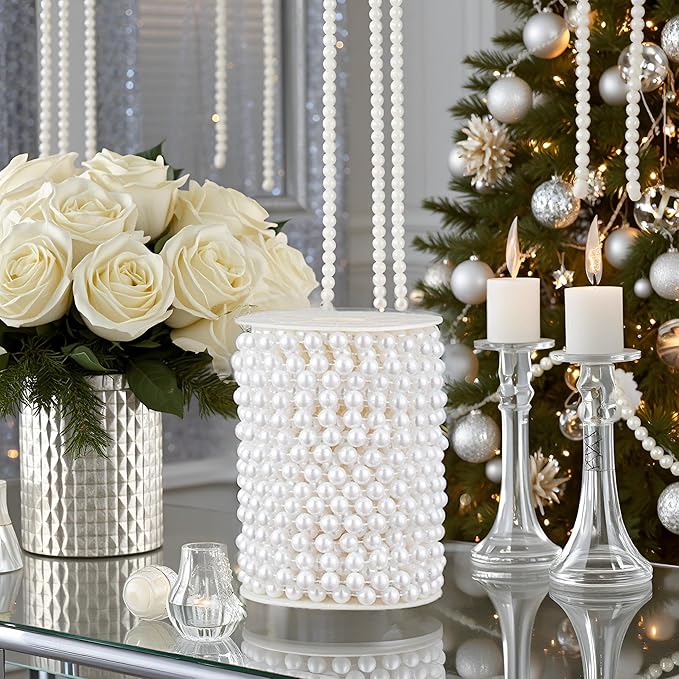 ZPEXRV 48 Feet Faux Pearl Beads Garland 8mm Craft String Pearls for Wedding Centerpiece Christmas Tree and Flowers Decoration DIY (White)