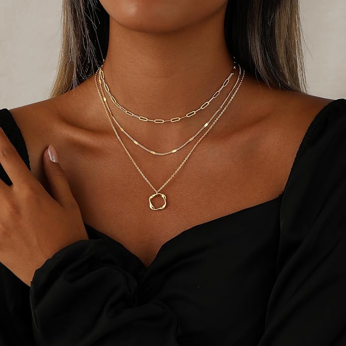 Layered Necklaces for Women 14K Gold Plated Stack Circle Pendant Trendy Long Chain Stackable Handmade Coin Necklace Set Dainty Gold Stacked Jewelry Gifts