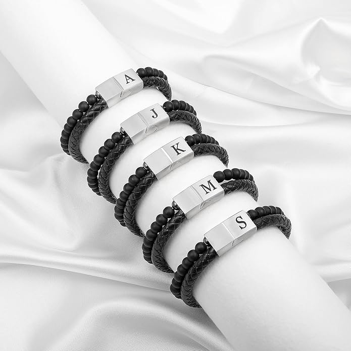 LUXEJEW Gifts for Men - Mens Bracelet, Beaded Leather Initial Bracelet 6mm Matte Agate Stone Handmade Bracelets Adjustable Stainless Steel Magnetic Clasp Mens Jewelry Gifts